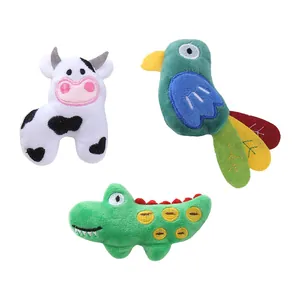 Set of three cute plush catnip toys for cats featuring cow, bird, and crocodile shapes