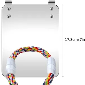Durable acrylic bird mirror toy with colorful rope perch for parrot cage accessory