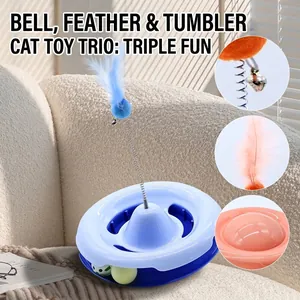Giocattolo interattivo per gatti con giradischi piuma e palline con campanello
