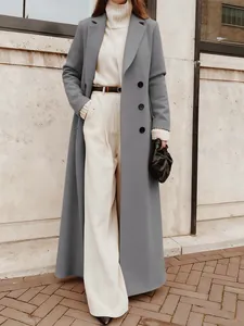 Elegant long grey solid color warm woolen coat for women, perfect for autumn and winter outfits.