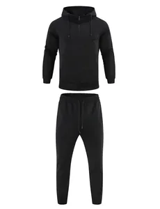 Detailed view of black men's two-piece tracksuit featuring a zip hoodie and pants