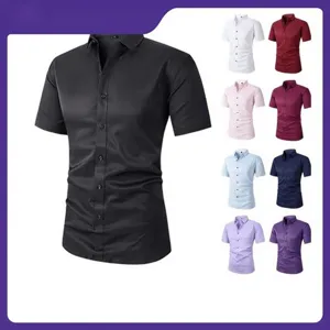 Men Short Sleeve Button Down Shirt Business Casual Slim Fit Elastic Anti-wrinkle Polyester Spandex Top Shirt