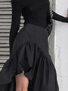 Elegant French style black asymmetric ruffled high waist A-line skirt for women commuting