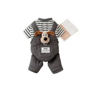 Combinaison rayée pour chien avec salopette épaisse matelassée et tête de chien 3D en peluche