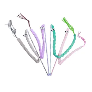 Interactive dot plush cat teaser stick with rustling paper and colorful tassels.