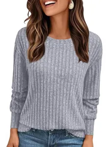 Elegante maglietta da donna casual a maniche lunghe con collo rotondo in maglia a coste
