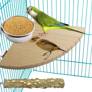 Stainless steel bird feeder bowl set with wooden corner platform and textured perch