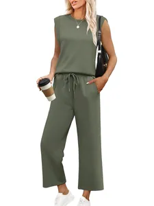 Casual olive green sleeveless tank top and wide-leg pants two-piece set for women