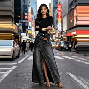 Gedetailleerd overzicht van asymmetrische denim maxi-rok met hoge taille in grijs