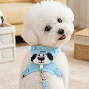 Adorable light blue cartoon dog harness and leash set, perfect for small pets like Bichon Frise.