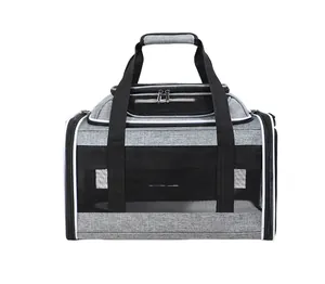 Front view of a grey Oxford cloth breathable pet carrier bag with black mesh ventilation