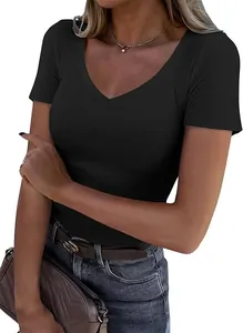 Detailed macro shot of slim-fit black ribbed V-neck t-shirt worn by a female model.