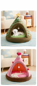 Detailed view of cozy enclosed pet tent beds featuring Christmas tree and heart designs