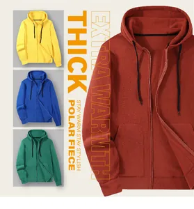 Detailed close-up of thick polar fleece men's zip-up hoodie available in many colors