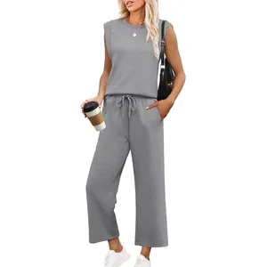 Γυναικείο Casual Spandex Αμάνικο Τοπ Με Στρογγυλή Λαιμόκοψη Και Παντελόνι Με Φαρδύ Μπατζάκι Και Κορδόνι Σετ Δύο Τεμαχίων Μονόχρωμο