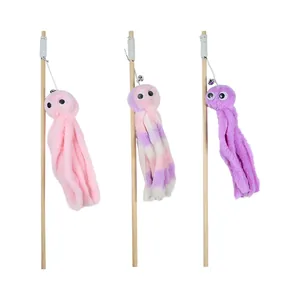 Plush octopus cat teaser wand set with wooden sticks and bells for interactive play