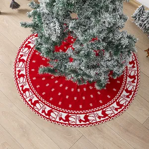 Knitted Christmas Tree Skirt With Elk Snowflake Pattern Red Black Buffalo Plaid Reindeer Round Tree Apron For Holiday Party Decor