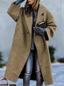 Women's stylish casual solid color long wool coat for autumn and winter season