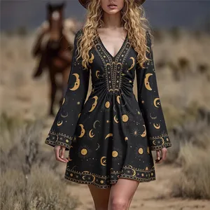 Robe courte bohème vintage à col en V et manches longues avec imprimés soleil et lune