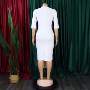 Back view of elegant white bodycon dress with elbow sleeves and slit for office