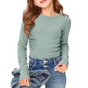 Detailed view of children's long sleeve ribbed t-shirt showing the soft teal fabric texture.