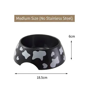 Detailed dimensions of cow-print pet bowl showing 6cm height and 18.5cm base diameter