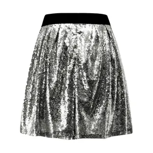 Elegante gonna a pieghe con paillettes argento e una fascia elastica nera alta