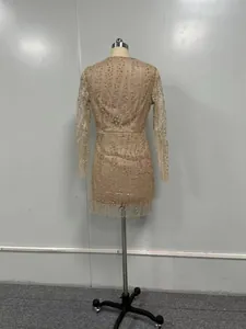 Vista posteriore di un mini abito aderente glitter champagne trasparente a maniche lunghe.