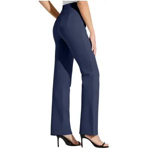 Detailed back view of women's navy blue straight-leg trousers featuring rear pockets.