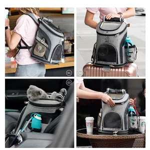 Versatile grey oxford fabric pet carrier backpack for cats and small dogs in travel scenes