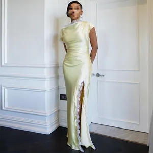 Elegantes Damen Satin Spitze Patchwork Maxikleid Qipao Kragen Hoher Schlitz Ärmellos Slim Fit Polyester Langes Abend Bankett Kleid