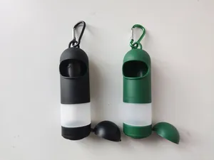 Detail view of portable pet waste bag and sanitizer dispenser with carabiner clip