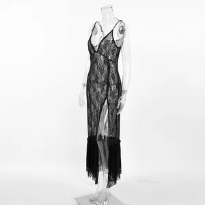 Detailed side view of a sexy sheer black lace maxi dress with V-neck and thin straps.