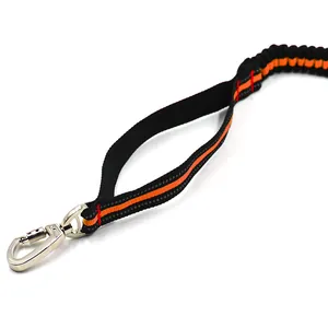 Detail of heavy-duty bungee dog leash with metal carabiner and safety reflective stripe.
