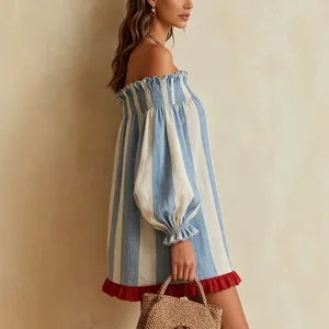 Elegant off-shoulder blue striped mini dress with puff sleeves and red ruffle hem detail