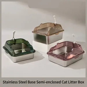 Bac à Litière en Acier Inoxydable Avec Clôture Haute Semi-Fermé Anti-Éclaboussures Toilette en Métal Pour Grands Chats Avec Pelle et Pédale