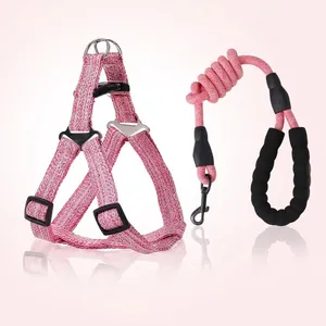 Adjustable Reflective Dog Harness And Leash Combo Polyester Woven No Pull Pet Walking Vest With Comfortable Foam Handle