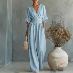Women's Elegant V Neck Wide Leg Jumpsuit High Waist Pleated Waist Cinching Polyester One Piece Romper Casual Long Playsuit
