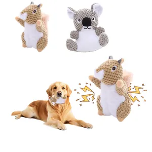 Set of durable and squeaky plush dog chew toys in cute squirrel and koala shapes.