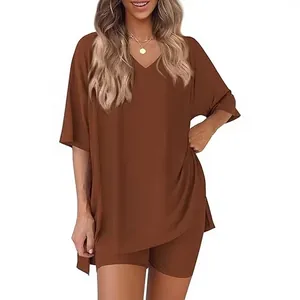 Women's 2-piece lounge set featuring oversized V-neck t-shirt and elastic shorts