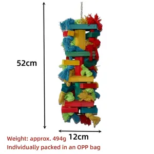 Grand jouet à mâcher en bois coloré pour perroquet avec cordes et clochette