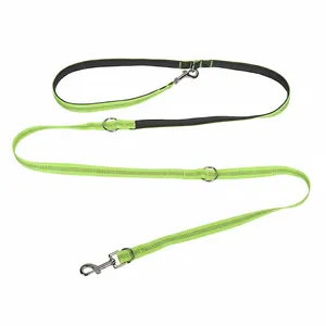 Hands-free crossbody multifunctional dog leash in fluorescent green nylon with metal hooks