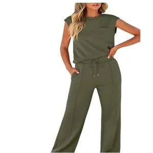 Detailed view of women's olive green sleeveless top and high-waist wide-leg lounge set
