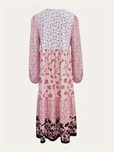 Elegant pink long-sleeved floral maxi dress with round neck, detailed back view.