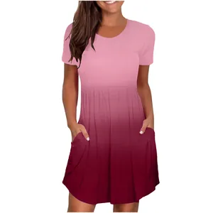 Lässiges kurzärmliges Damen-Ombré-Faltenkleid mit Taschen in Pink und Burgund