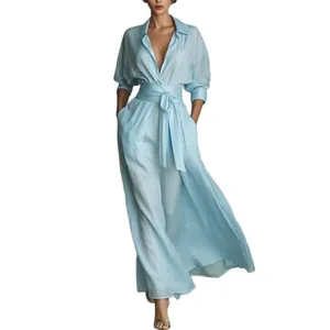 Elegant French style light blue solid color belted maxi dress for summer vacation