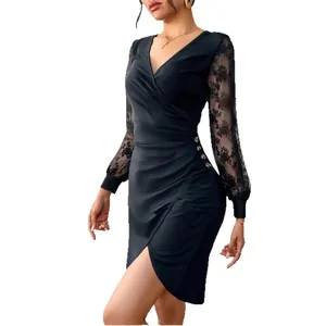 Elegant black V-neck lace long sleeve bodycon dress with button details