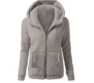 Detailed view of a grey women's fuzzy fleece zip-up hoodie with a warm hood and pockets.