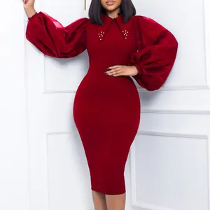 Elegant burgundy bodycon dress with sheer puff sleeves and beaded pointed collar detail.