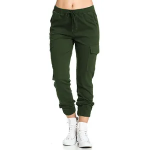 Women's dark green cargo pants with drawstring elastic waist and side pockets